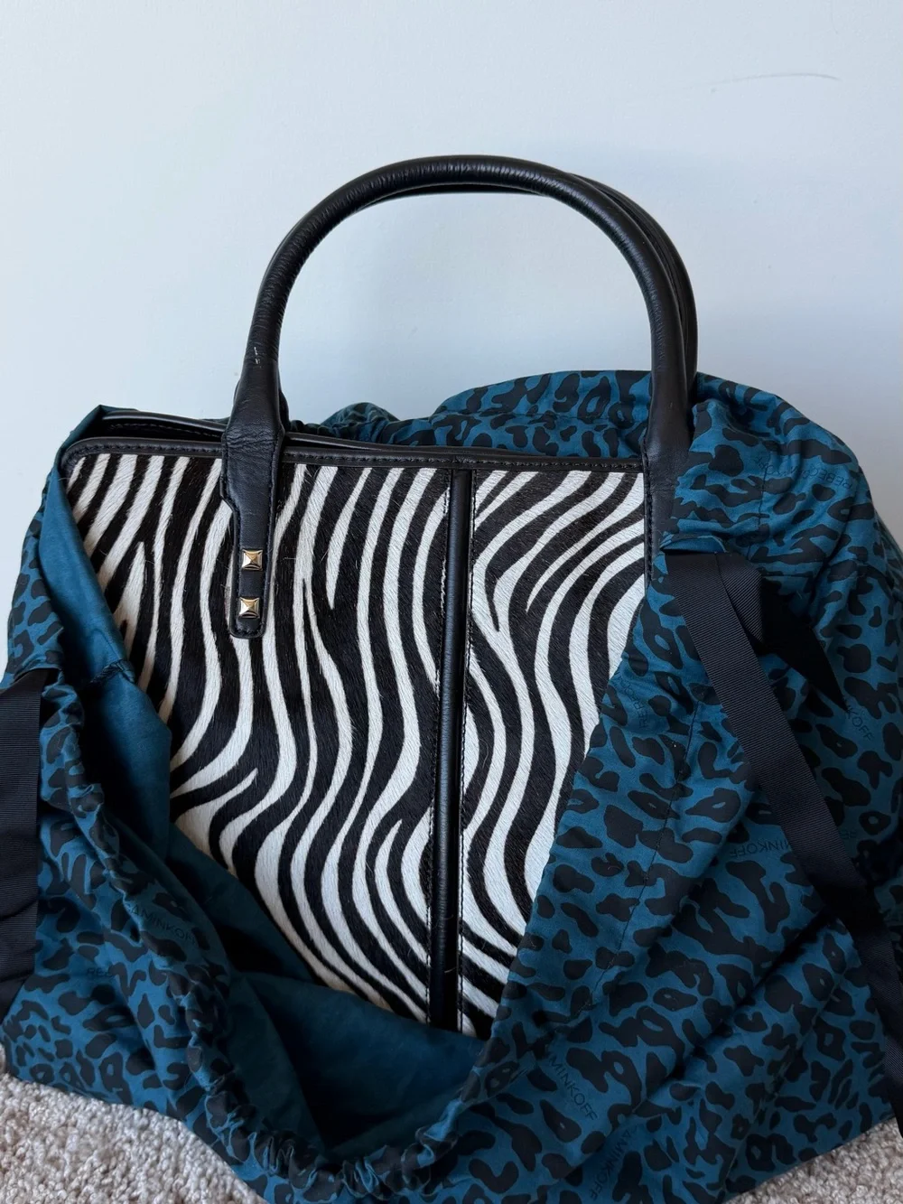 Rebecca Minkoff Black Leather & Zebra Faux Fur Satchel Tote